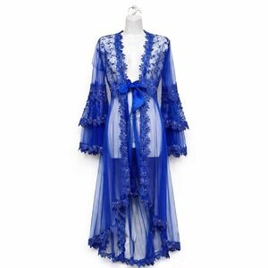 Women Sheer Lace Kimono Duster Sz M Blue Satin Bow Bell Sleeves Fairy Festival